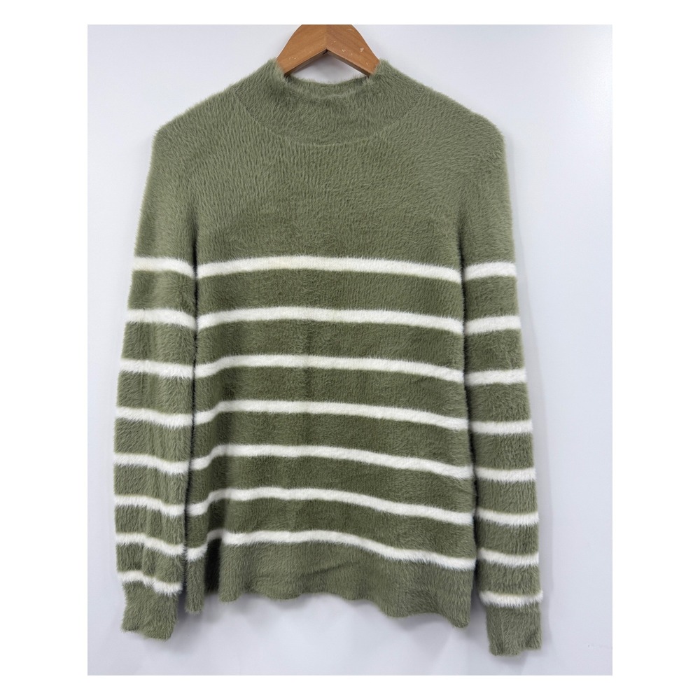 Bailey/44 Womens Sage Green White Striped Fuzzy Eyelash Mock Neck Sweater Medium